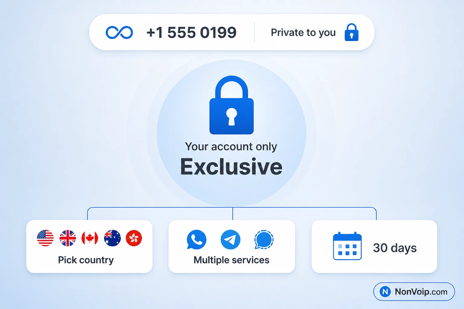Dedicated number: private to your account, pick country, multiple services, 30-day access